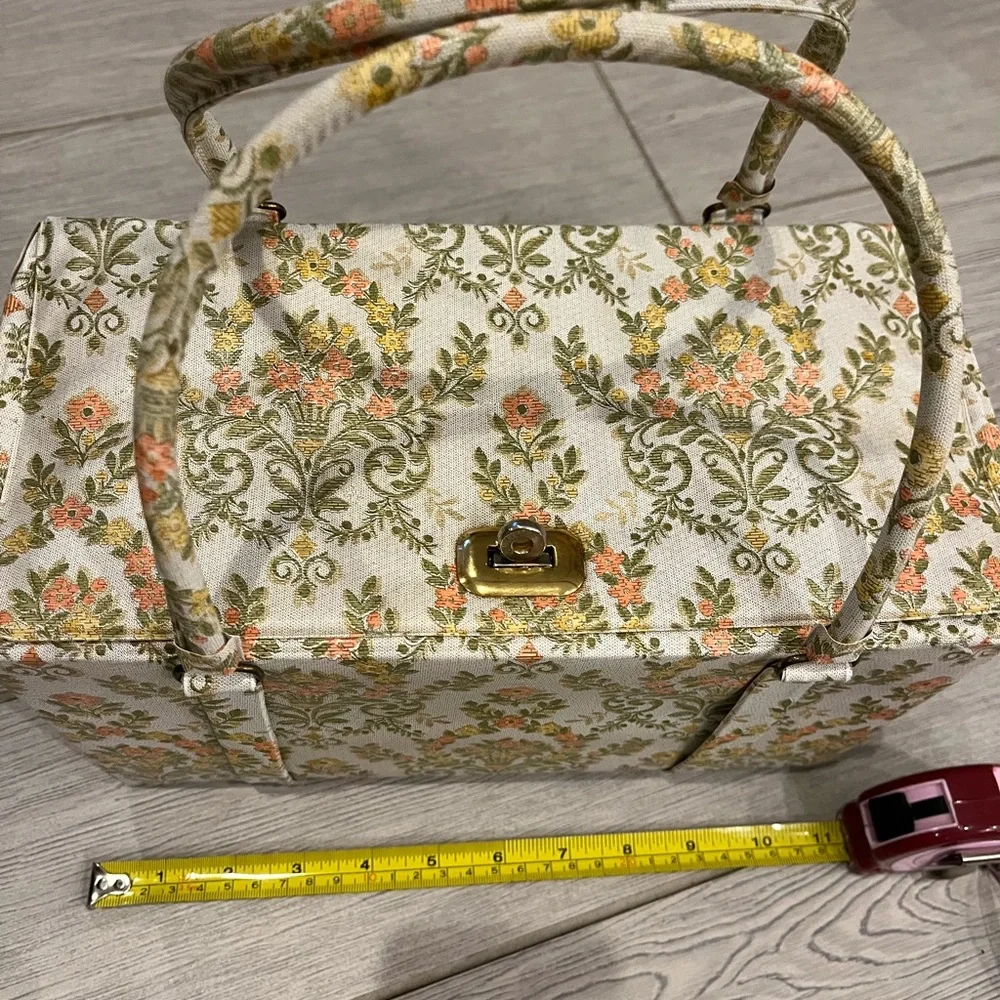 1960s Vinyl Tapestry Look Train Case Green orange and cream floral print - Picture 14 of 17